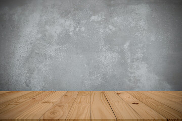 Empty perspective brown old plank wooden board as mock up display shelf with abstract beautiful pattern and textured on flat cement wall in coffee shop and soft lighting background. 