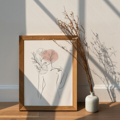 Frame with feminine woman line art graphic in minimal style
