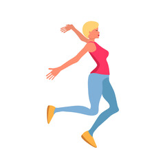 Blond woman with short hair, flat style isolated on white background, runs and is happy .