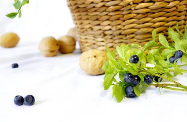 Foto op Plexiglas Photo still life with a basket, walnuts and blueberry branches. Branches with blueberries © Ekaterina