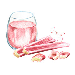 Homemade refresh drink with fresh rhubarb stalks. Watercolor hand drawn illustration, isolated on white background