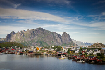 Traditional Norwegian houses near the lake. Fishing village. Wooden houses. Lofoten Islands, Norway