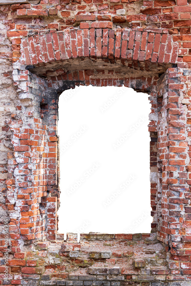 Poster a shattered wall of red brick with a hole in the middle. isolated on a white background