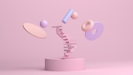 3d render, abstract background with realistic primitives composition. Flying shapes in motion. Spheres, torus, tubes, stairs in lilac, peach and pink colors.