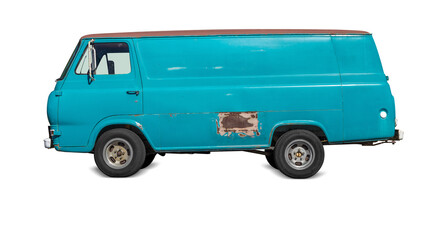 Old Blue cargo van on white background with rust