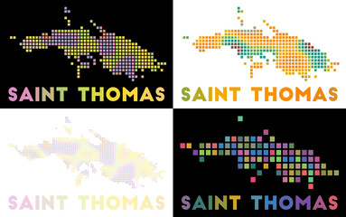 Saint Thomas map. Collection of maps of Saint Thomas in dotted style. Borders of the island filled with rectangles for your design. Vector illustration.