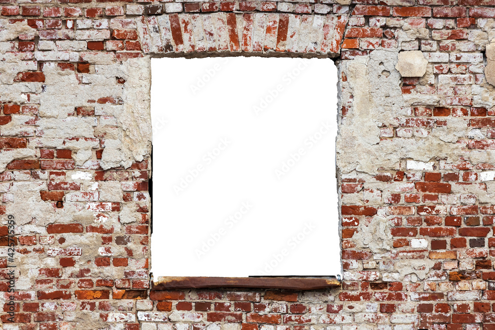 Poster wall of old red brick with a hole. isolated on white background. grunge frame. horizontal frame