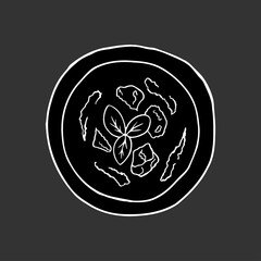 Vector hand-drawn gazpacho. Spanish cuisine dish. Design sketch element for menu cafe, bistro, restaurant, bakery, label and packaging. Illustration on a white background.