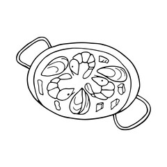 Vector hand-drawn paella. Spanish cuisine dish. Design sketch element for menu cafe, bistro, restaurant, label and packaging. Illustration on a white background.