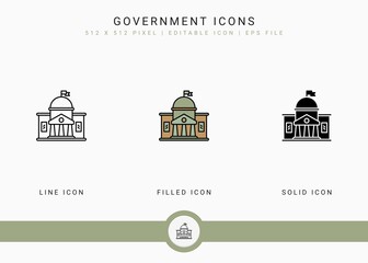 Government icons set vector illustration with solid icon line style. Politics public election concept. Editable stroke icon on isolated background for web design, user interface, and mobile app