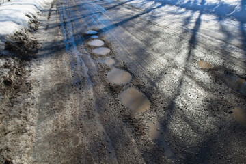 dirt road with puddles when the snow start melting