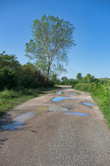 Dirt road with large puddles