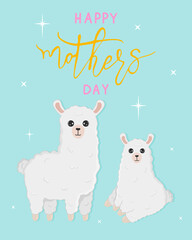 Vector cartoon card. Happy mother's day with llama family on blue background. Cute alpaca