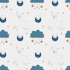 Fototapeta premium Seamless vector pattern with alpaca, stars, and moon. Trendy baby texture for fabric, wallpaper, apparel, wrapping.