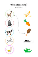 Animals and food. What do farm animals eat. Worksheet for preschoolers. cow, dog, cat, chicken, rabbit