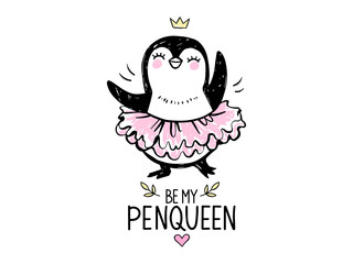 Cute princess penguin girl dancing in ballerina tutu dress. Baby animals character in doodle, sketch style. Nursery vector illustration - 425718987