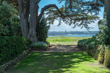 View from the gardens of ile de Batz to Roscoff, Bretagne, France.