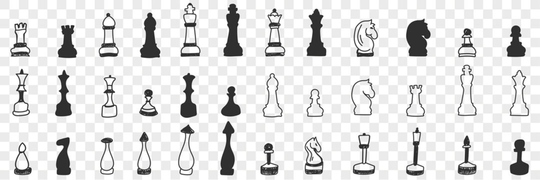 Chessmen on board doodle set. Collection of hand drawn various chessmen for playing game white and black on board for chess isolated on transparent background