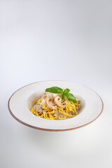 fresh pasta with cheese and mushroom sauce on a white plate in the studio