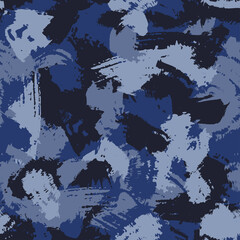 Grunge brush strokes  camouflage, modern fashion design. Paint camo military pattern. Army uniform. Blue sea shade color, fashionable, fabric. Vector seamless texture.