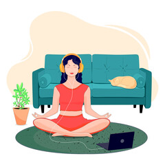A young woman in the lotus position. Yoga class. The girl in the headphones. A laptop. A room with a sofa. Illustration