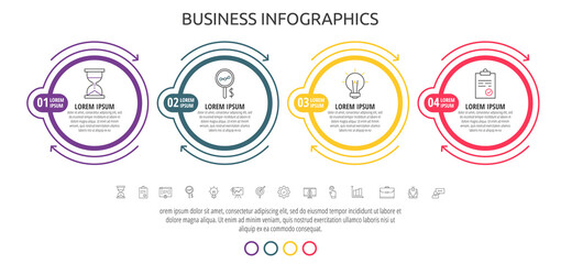Modern line vector circles infographic with 4 steps, arrows. Four options for diagram, web, workflow layout, presentations, flowchart, info graph, timeline, content, levels, chart, processes