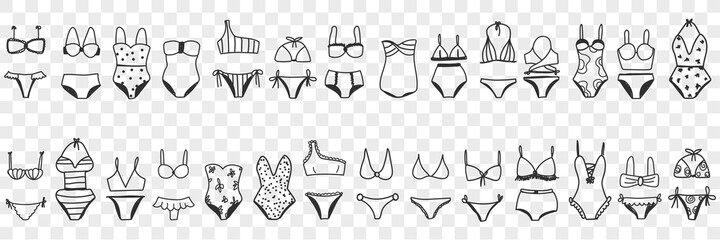 Female bikini swimwear doodle set. Collection of hand drawn elegant casual beachwear bikini swimsuits for wearing on beach for women fashion isolated on transparent background - obrazy, fototapety, plakaty