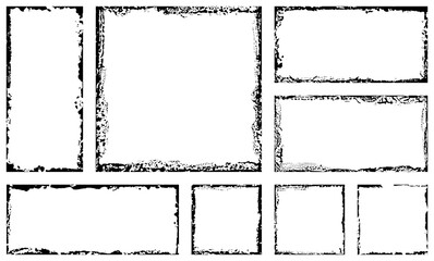 Set of grunge square frames. Empty border background. Hand draws black and white ink. Distress damaged edge vintage template. Brush stroke vector.