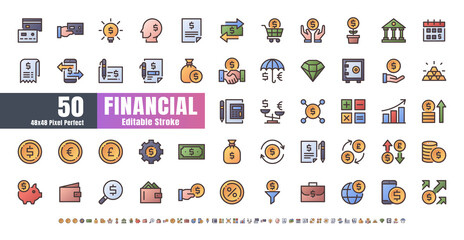 48x48 Pixel Perfect. Financial Currency. Flat Color Filled Outline Icons Vector. for Website, Application, Printing, Document, Poster Design, etc. Editable Stroke