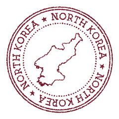 North Korea round rubber stamp with country map. Vintage red passport stamp with circular text and stars, vector illustration.