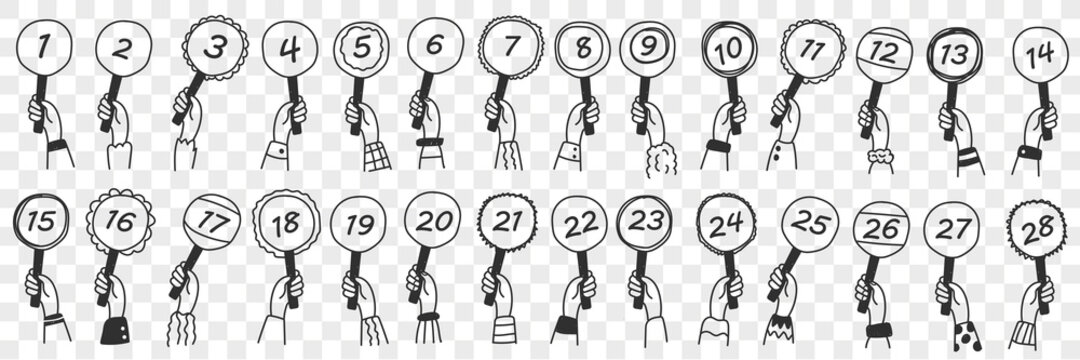 Human Hands With Number Signs Doodle Set. Collection Of Hand Drawn Human Hands Holding Signs With Numbers From One To Twenty Eight Isolated On Transparent Background