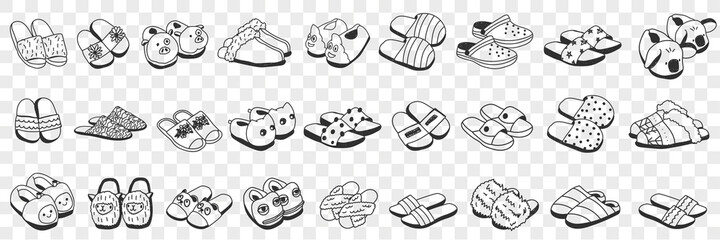 Slippers accessories for home doodle set. Collection of hand drawn various styles of slippers footwear for wearing at home on beach isolated on transparent background vector illustration 