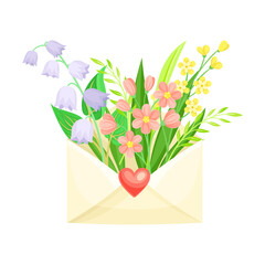 Open Envelope with Blooming Flower Bunch Peeped Out as Spring Vector Composition