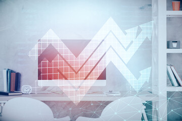 Double exposure of grow arrows and office interior background. Concept of Growth.