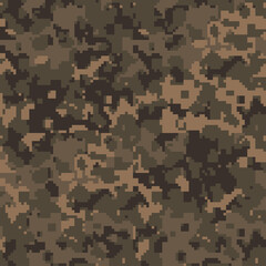 Digital camo background. Seamless camouflage pattern. Military texture. Desert brown color. Vector fabric textile print designs.