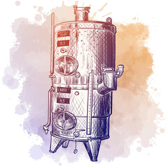 Stainless steel tank for wine storage and blending. line drawing isolated on Grunge watercolor textured background