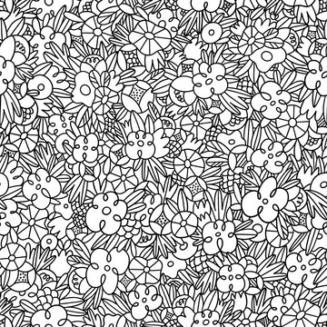 Wild flowers and grass, black and white outlined vector pattern