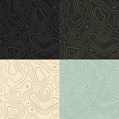 Topography patterns. Seamless elevation map tiles. Astonishing isoline background. Modern tileable patterns. Vector illustration.