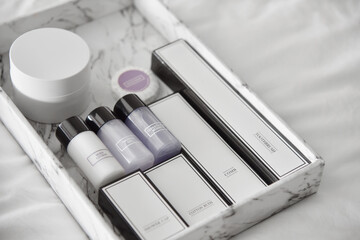 Bathroom amenities set for hotel service, cosmetic products