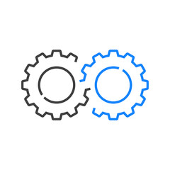 Maquinaría industrial. 2 engranajes entrelazados con lineas en color gris y azul