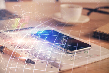 Double exposure of map drawing and cell phone background. Concept of data globalization