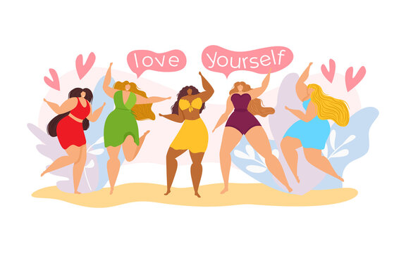 Happy body positive woman group, vector illustration. Girl person character show their beauty, isolated on white concept. Cartoon female fashion