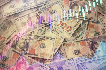 Multi exposure of forex chart drawing over us dollars bill background. Concept of financial success markets.