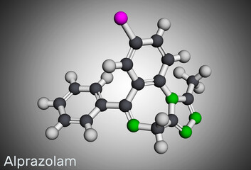 Alprazolam, molecule. It is benzodiazepine, short-acting tranquilizer with anxiolytic, sedative-hypnotic, anticonvulsant activities. Molecular model. 3D rendering