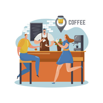 Coffee shop, barista make cartoon beverage in cafe business, vector illustration. Man woman character buy drink at flat cafeteria counter.