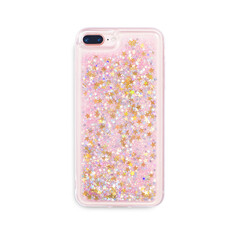 Glitter liquid iPhone case back view isolated on white background. Clear glitter phone case mockup