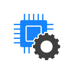 Tecnología electrónica. Engranaje con procesador con circuito digital en color gris y azul