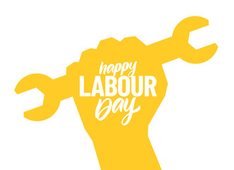 Silhouette of clenched fist with wrench, Poster with hand lettering composition of Happy Labour Day 1st of May
