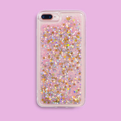 Glitter liquid phone case back view isolated on white background. Clear glitter phone case mockup