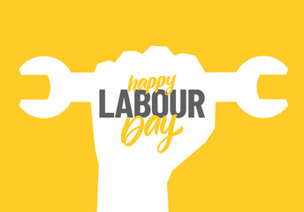 Silhouette of clenched fist with wrench, hand lettering composition of Happy Labour Day 1st of May